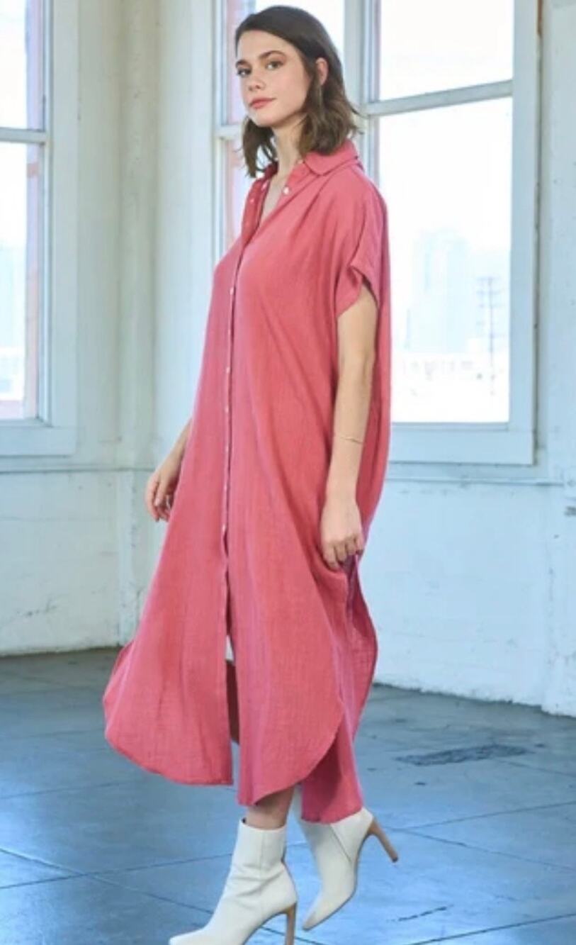 Maronie Rayon Midi Gauze Shirt Dress in Coral. Size L.